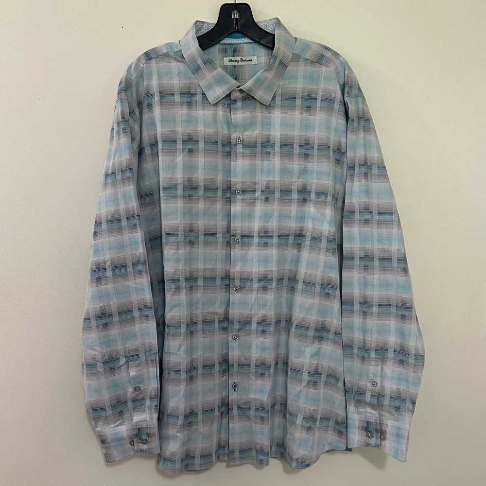 Tommy Bahama Blue Plaid Long‎ Sleeve Button shirt, Men's XXL Silk Cotton Blend